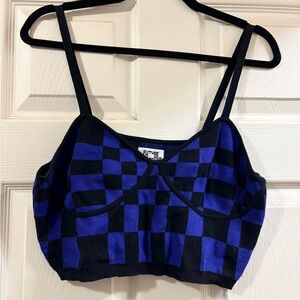 Future Collective Blue & Black Checkered Knit Crop Top